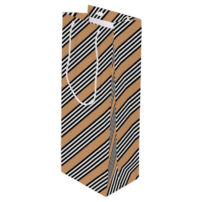 Black and white five stripe pattern with tan wine gift bag (Front Angled)