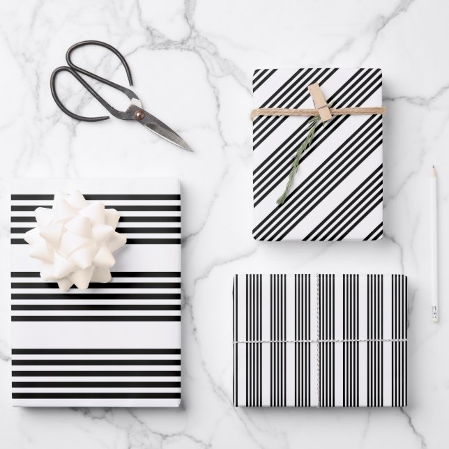 Black and white five stripe pattern wrapping paper sheets (Front)