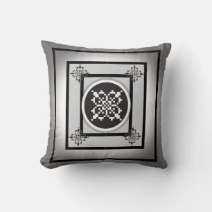 Black and white Five Suns folk art design Throw Pillow