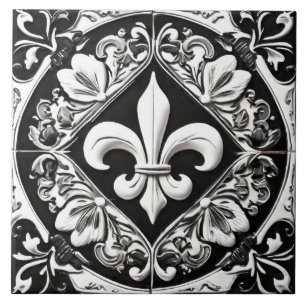 Black and White Fleur de Lis Ceramic Tile