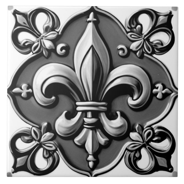 Black and White Fleur de Lis Ceramic Tile (Front)