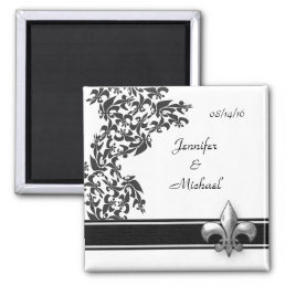 Black and White Fleur de Lis Damask Wedding Magnet