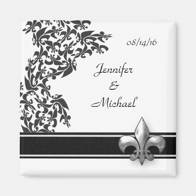 Black and White Fleur de Lis Damask Wedding Magnet (Front)