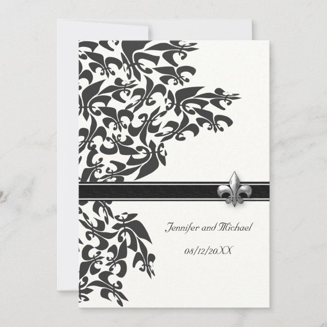 Black and White Fleur de Lis Design Wedding Invite (Front)