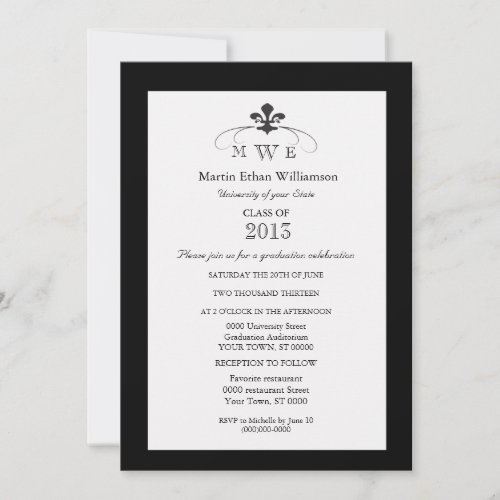 Black and White Fleur de Lis Formal Graduation Invites
