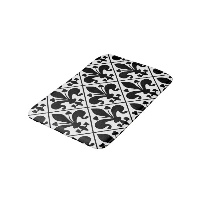 Black and White Fleur de Lis French Classic Bathroom Mat (Angled)