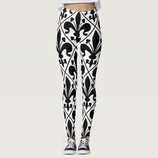 Black and White Fleur de Lis French Classic Leggings (Front)