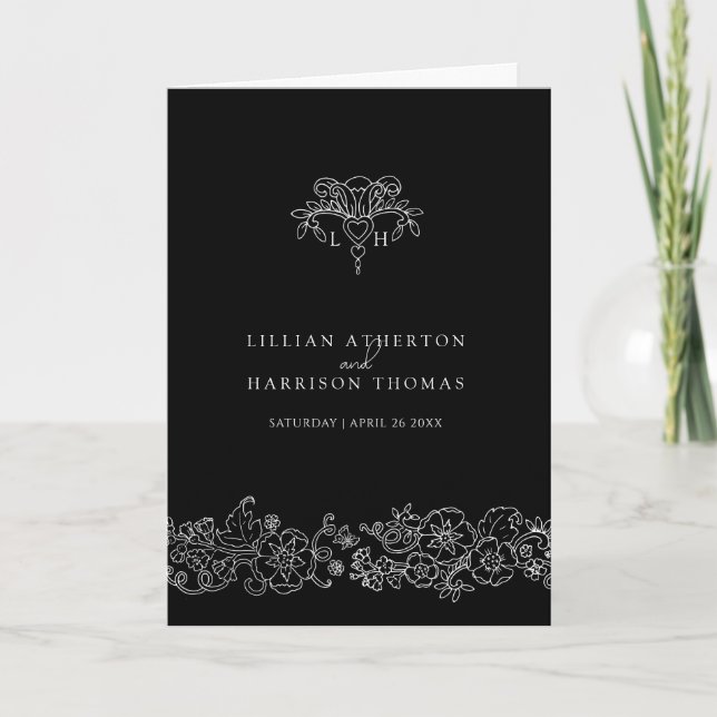 Black and white fleur de lis monogram art wedding program (Front)