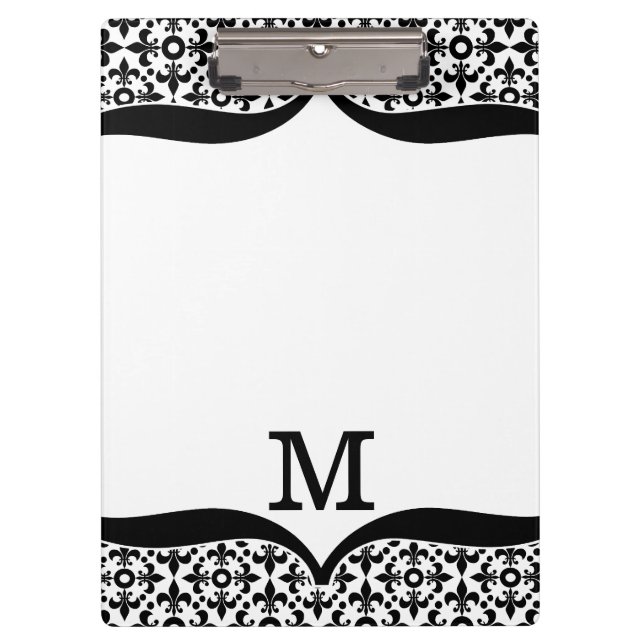 Black And White Fleur De Lis Monogrammed Clipboard (Front)
