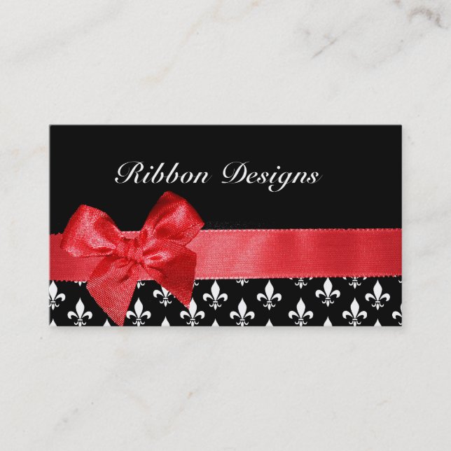 Black and white fleur de lis & red ribbon graphic business card (Front)