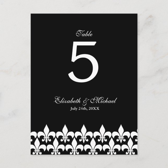 Black and White Fleur de Lis Wedding Table Number (Front)