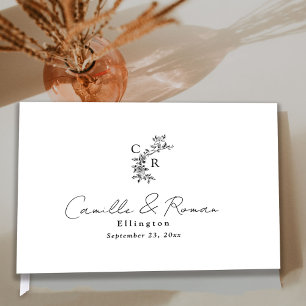 Black and White Flora Monogram Calligraphy Wedding Guest Book