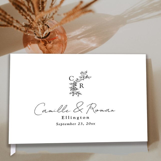 Black and White Flora Monogram Calligraphy Wedding Guest Book (Creator Uploaded)
