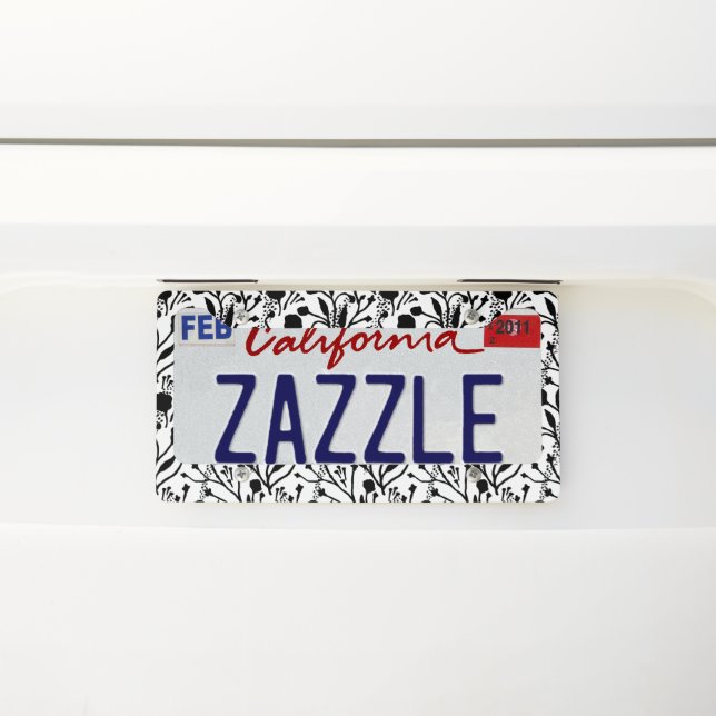 Black and White Floral #3 License Plate Frame (On Car)