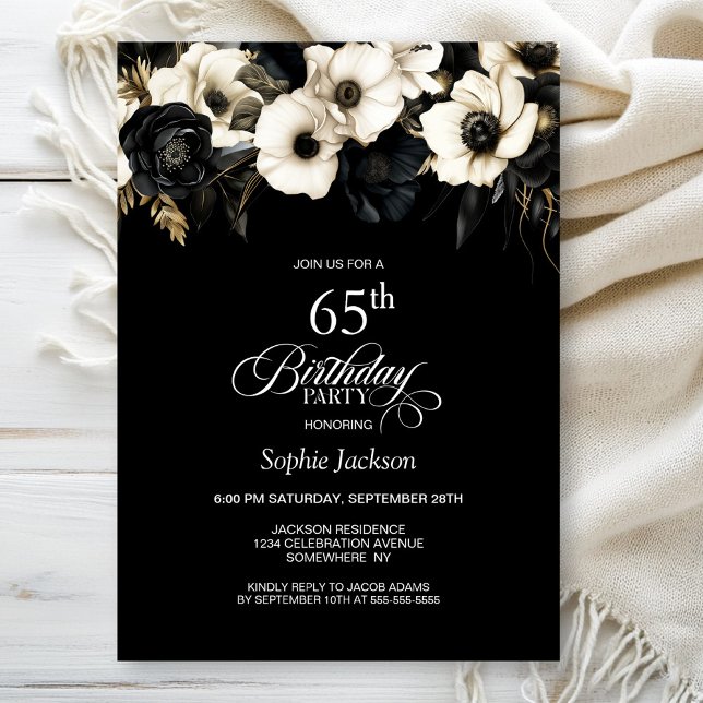Black and White Floral 65th Birthday Party Invitation (Creator Uploaded)