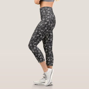 Black and White Floral Abstract  Capri Leggings