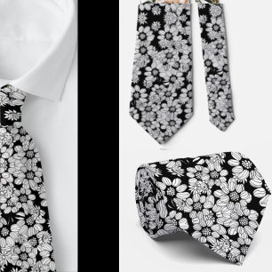 Black and White Floral Abstract Flower Pattern Neck Tie