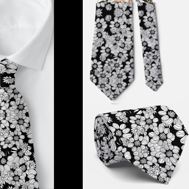 Black and White Floral Abstract Flower Pattern Neck Tie (Creator Uploaded)