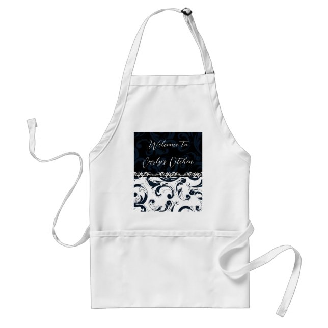 Black and White Floral Adult Apron (Front)