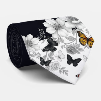 Black and White Floral and butterflies  Neck Tie