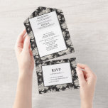Black and White Floral and Feathers Wedding All In One Invitation