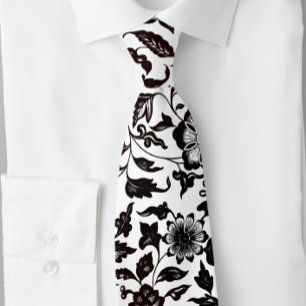 Black and White Floral and Leaves Botanical Tie