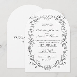 Black And White Floral Arched Old Money Wedding Invitation