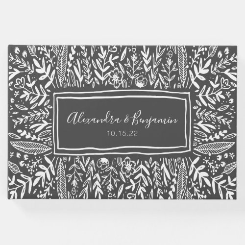 Black and White Floral Art Border Name Wedding  Guest Book