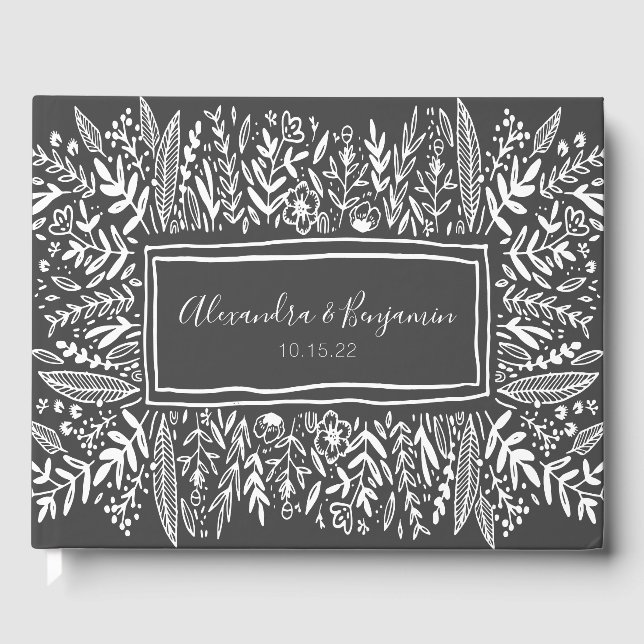 Black and White Floral Art Border Name Wedding  Guest Book (Front)