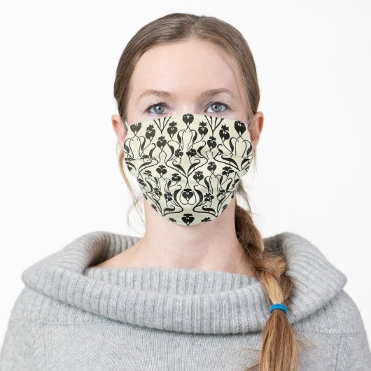 Black and White Floral Art Nouveau Adult Cloth Face Mask (Worn)