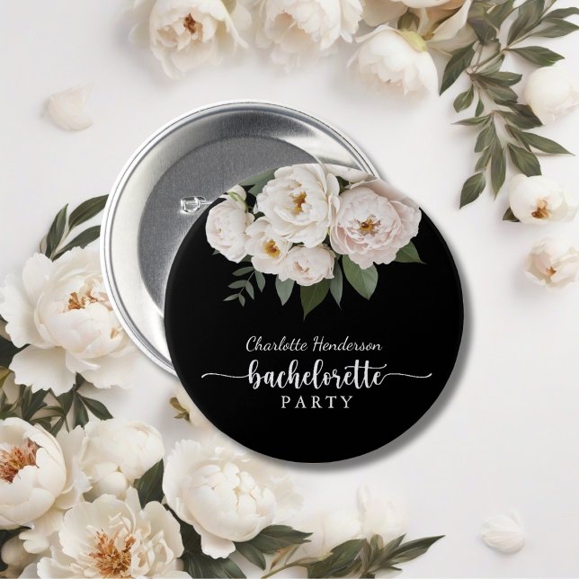 Black And White Floral Bachelorette Party Button (Creator Uploaded)
