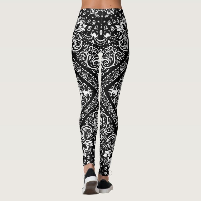 Black and White Floral Bandana Boho Leggings (Back)