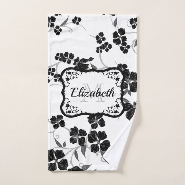 Black and White Floral Bath Towel Set (Hand Towel)