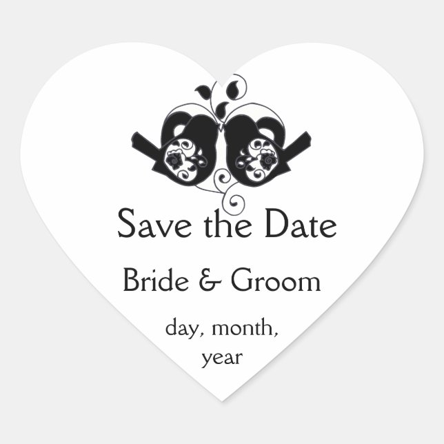 Black and White Floral Bird and Heart Wedding Sticker (Front)
