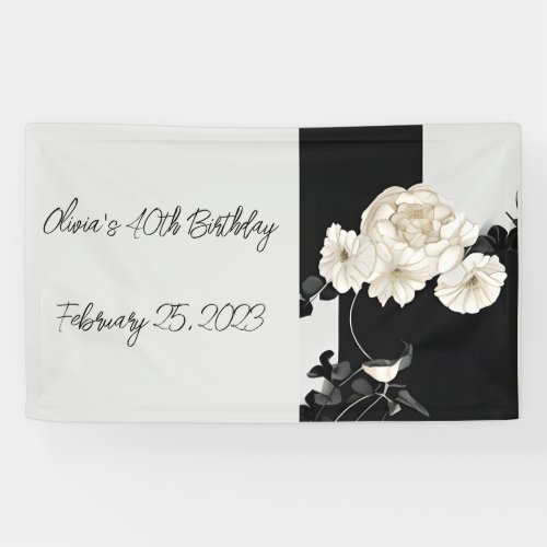 Black and White Floral Birthday Party Welcome Banner