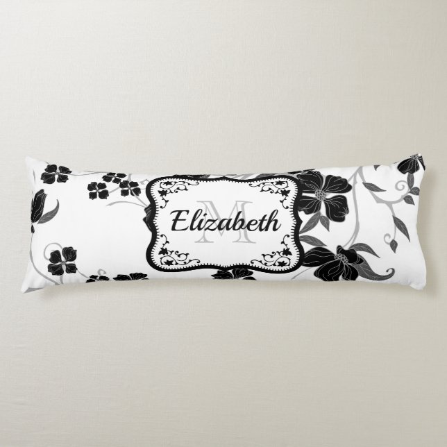 Black and White Floral Body Pillow (Front)