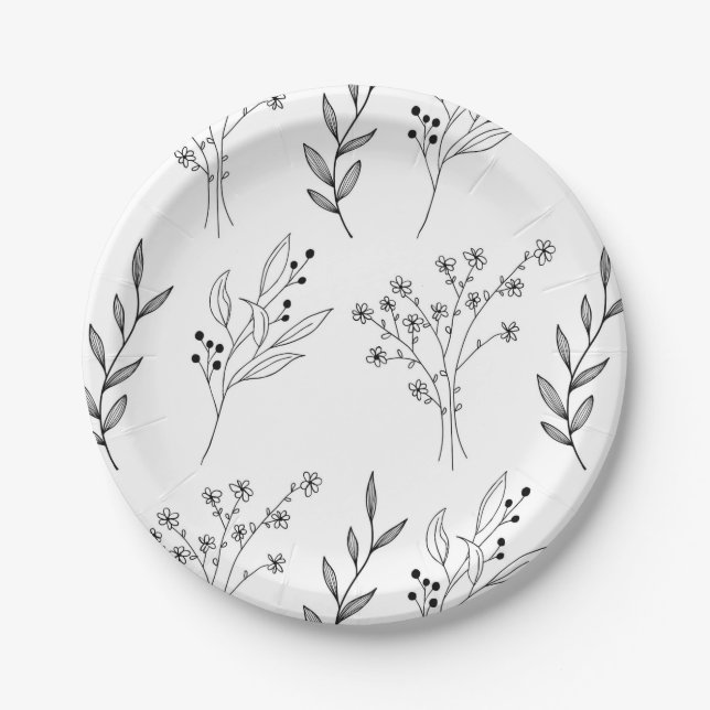 Black and White Floral Boho Wedding Paper Plates (Front)