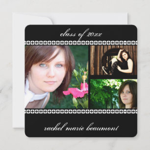 Black and White Floral Border Photo Graduation Invitation
