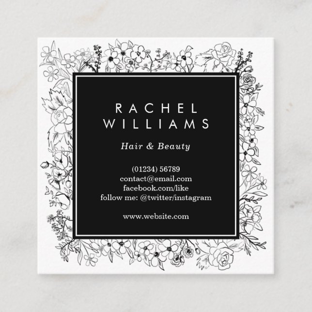 Black and white floral border square business card (Front)