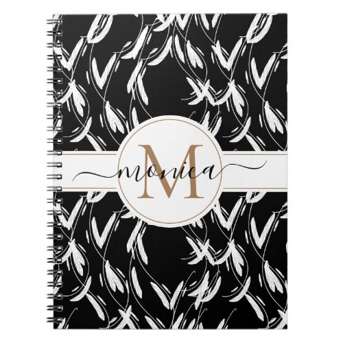 Black and White Floral Botanical Gold Monogrammed Notebook