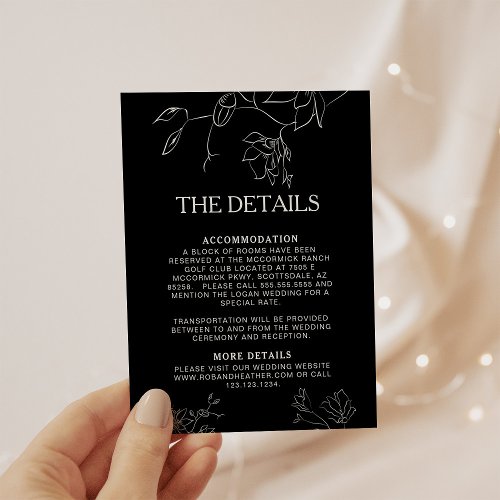 Black and White Floral Botanical Wedding Details Enclosure Card
