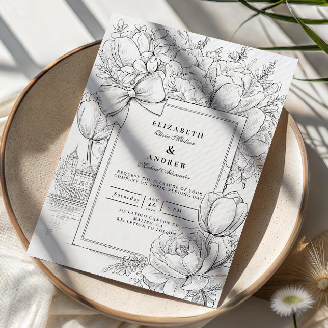 Black and White Floral Bow Wedding Invitation (Creator Uploaded)