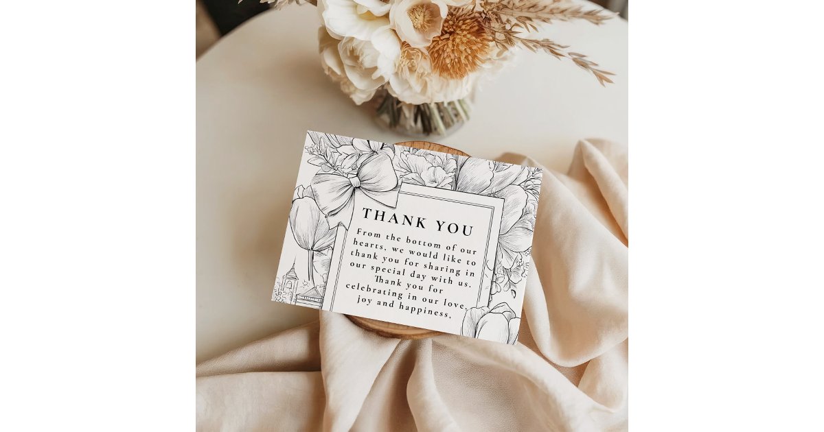 Black and White Floral Bow Wedding Thank You Card | Zazzle
