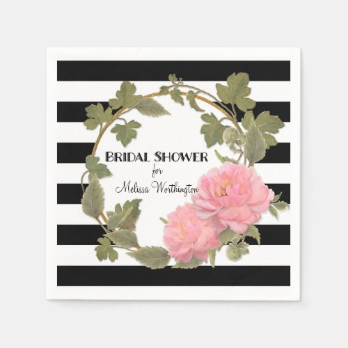 Black and White Floral Bridal Shower Pink Peony Paper Napkins