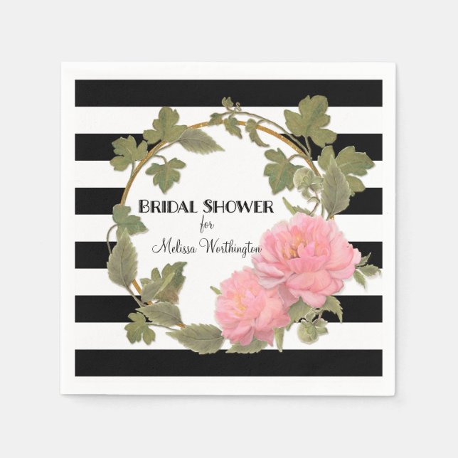 Black and White Floral Bridal Shower Pink Peony Paper Napkins (Front)