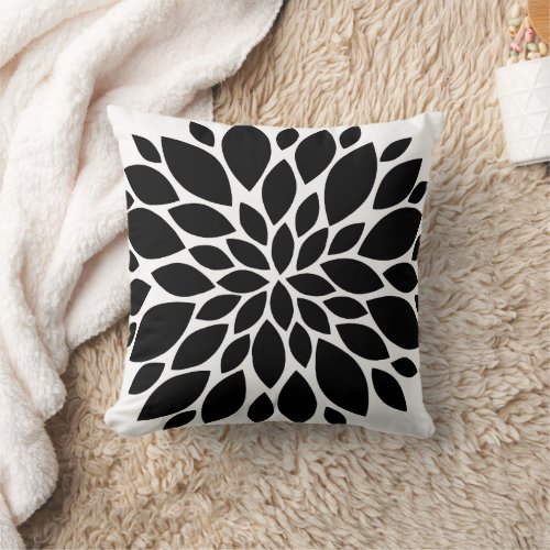 Black and White Floral Burst Throw Pillow