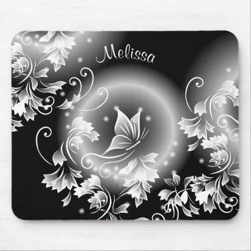 Black And White Floral Butterfly Monogram Mouse Pad