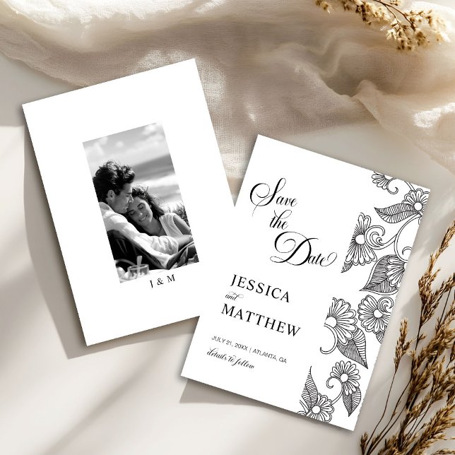 Black and White Floral Calligraphy Script w Photo Save The Date (Creator Uploaded)