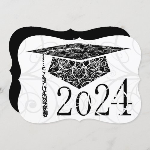 Black and White Floral Cap 2024 Graduation Party Invitation
