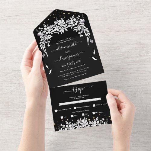 Black and white floral cascading garland wedding all in one invitation